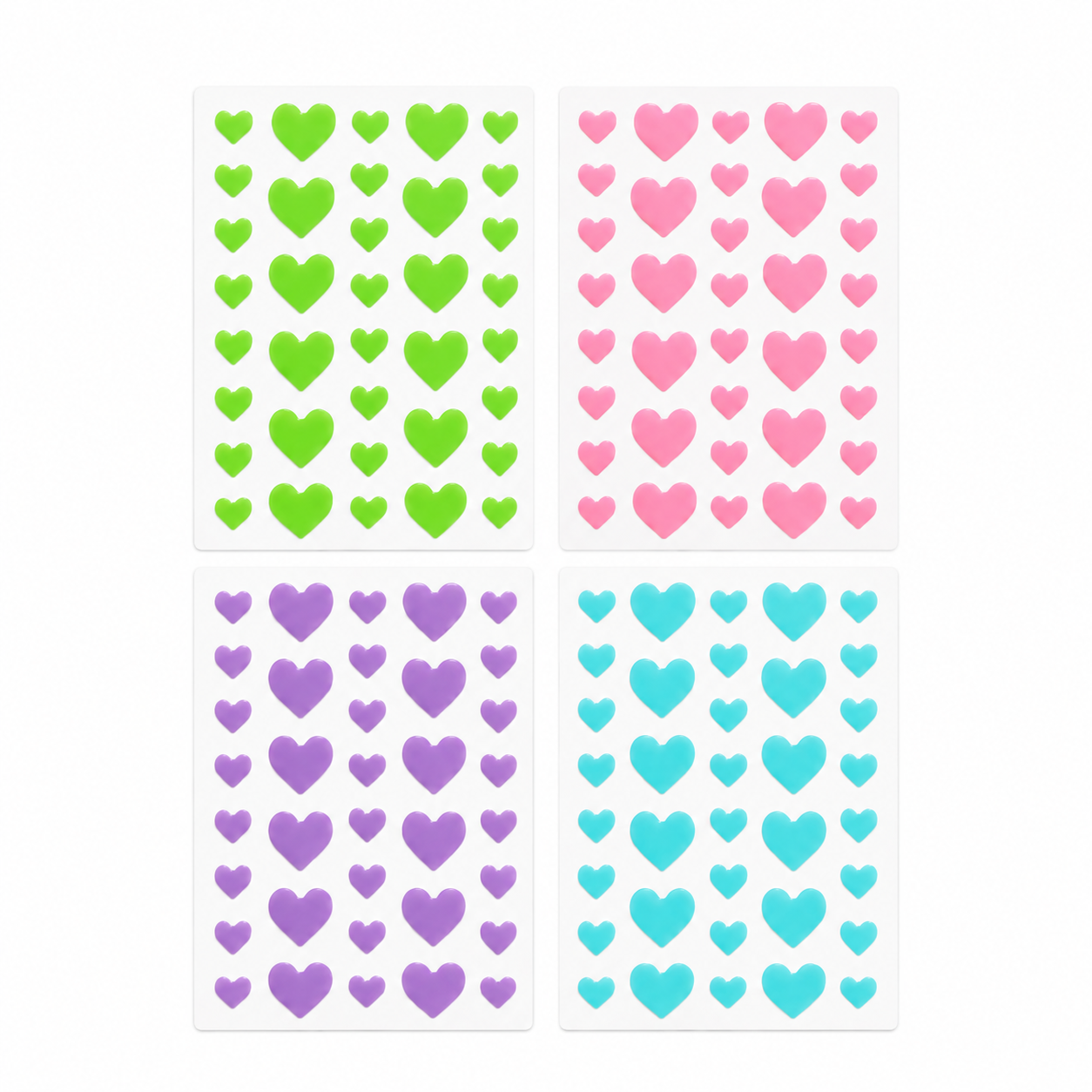 Four sheets of heart-shaped stickers in green, pink, purple, and blue on a white background.